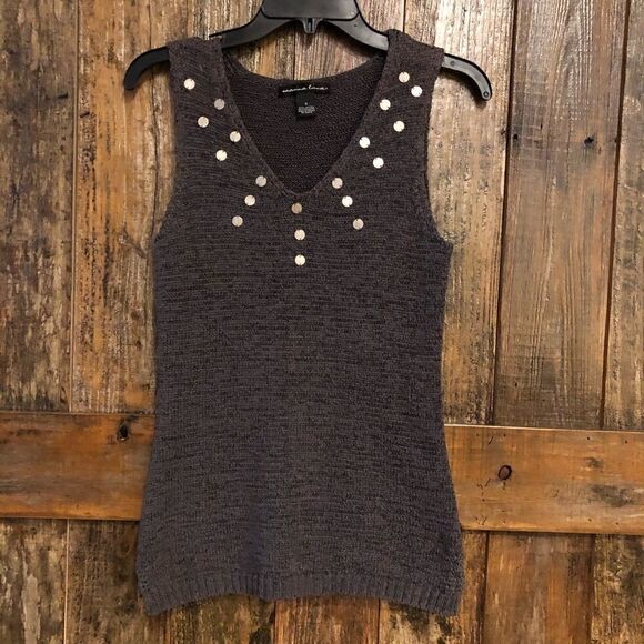 Marina Luna S Gray Cotton Knit Sequin Embellished Beading Sleeveless Casual Top - Picture 2 of 7